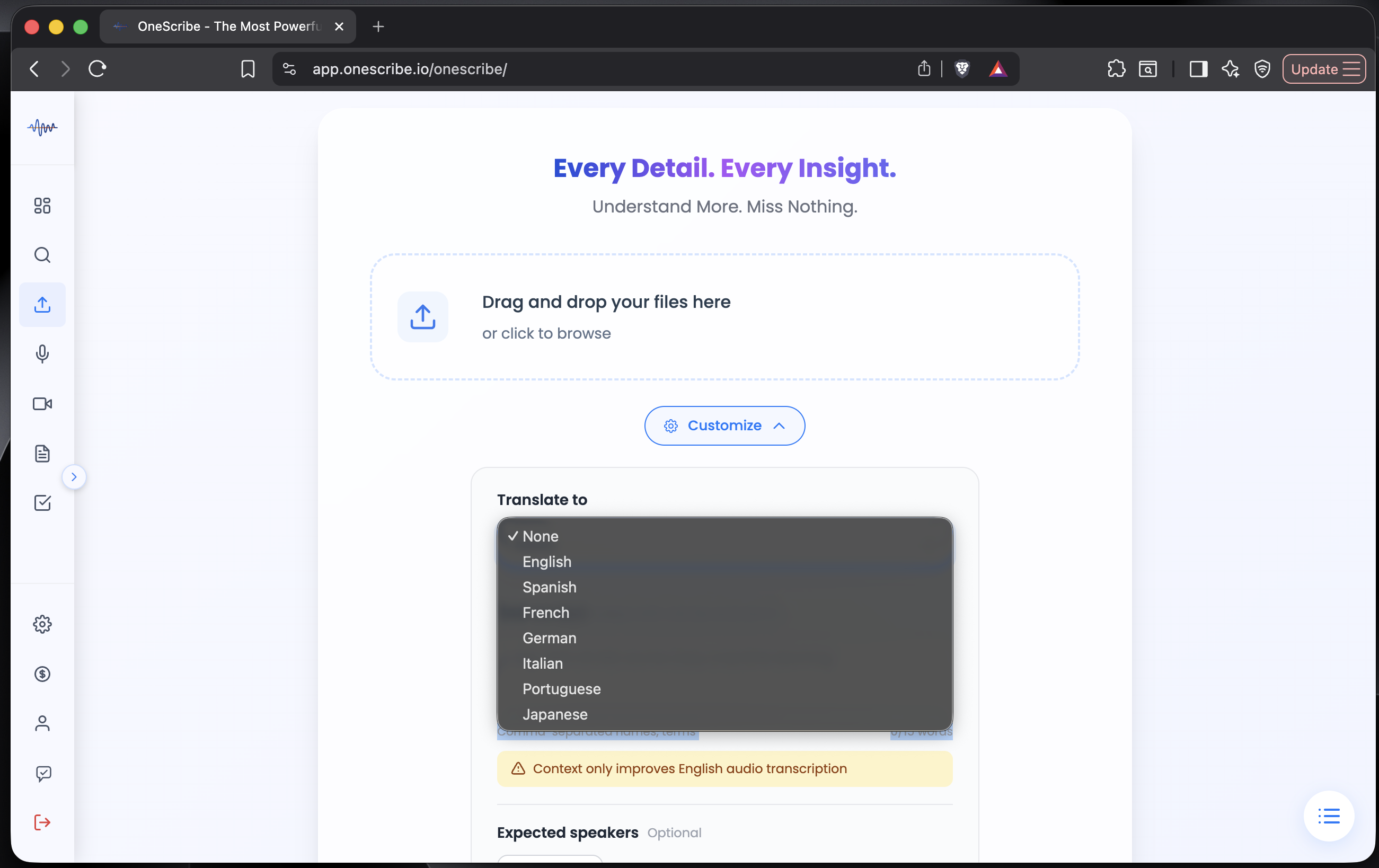 OneScribe translation support showing language selection with English, Spanish, French, German, Italian, Portuguese, and Japanese